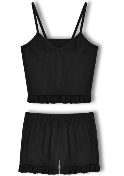 Pamuklu Iğne Çıkarmalı Ince Askılı Crop Atlet Paçası Fırfırlı Şort Kadın Pijama Takımı fırsatları