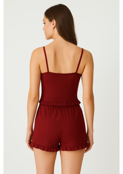 Pamuklu Iğne Çıkarmalı Ince Askılı Crop Atlet Paçası Fırfırlı Şort Kadın Pijama Takımı fiyatları