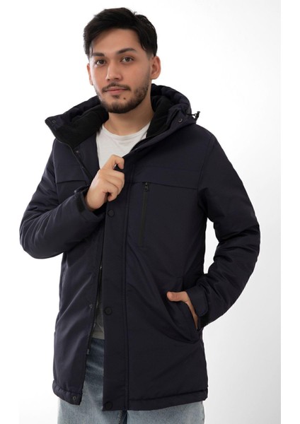 Spor Erkek Polarlı Kürklü Su ve Rüzgar Geçirmez Kapüşonlu Kışlık Mont & Kaban & Parka