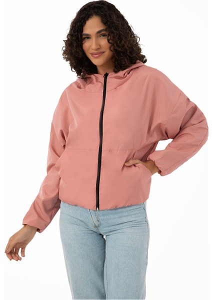 Kadın Su Yeşili Kapüşonlu Su ve Rüzgar Geçirmez Cepli Astarlı Oversize Mevsimlik Yağmurluk