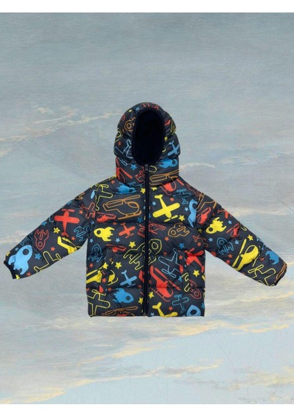 Spor Erkek Çocuk Polarlı Kapüşonlu Helikopter Desenli Kışlık Şişme Mont fiyatları