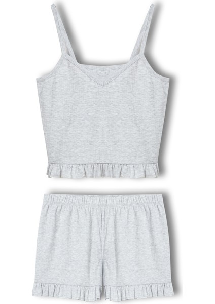 Pamuklu Iğne Çıkarmalı Ince Askılı Crop Atlet Paçası Fırfırlı Şort Kadın Pijama Takımı fırsatları