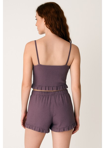 Pamuklu Iğne Çıkarmalı Ince Askılı Crop Atlet Paçası Fırfırlı Şort Kadın Pijama Takımı fiyatları