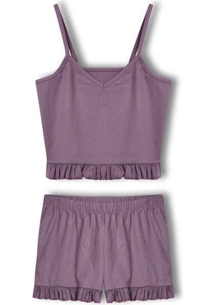 Pamuklu Iğne Çıkarmalı Ince Askılı Crop Atlet Paçası Fırfırlı Şort Kadın Pijama Takımı fırsatları