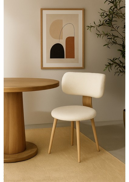 Modern Geniş Oturumlu Teddy Kumaşlı Sandalye, Ahşap Ayaklı Şık Salon Mutfak Balkon Sandalyesi