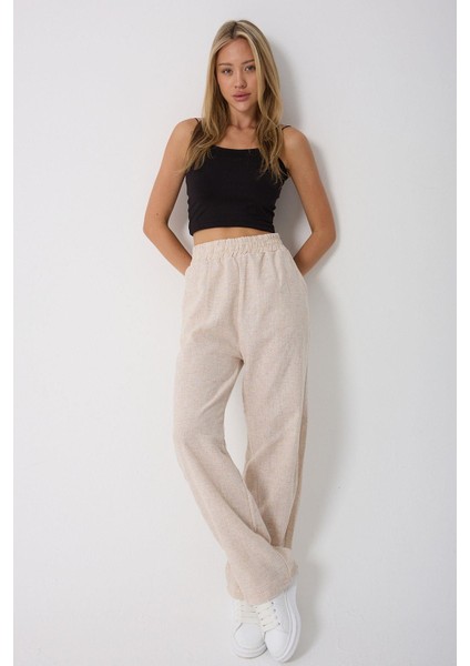 Kadın Yüksek Bellii Lastikli Çift Cepli Keten Pantolon