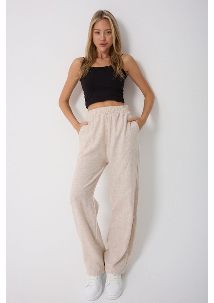 Kadın Yüksek Bellii Lastikli Çift Cepli Keten Pantolon fiyatları