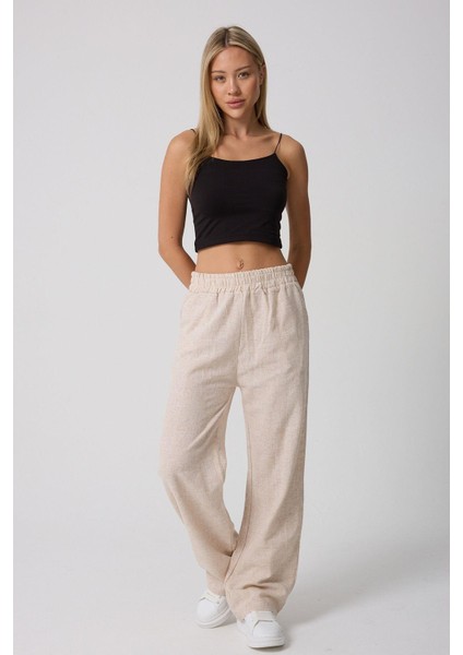 Kadın Yüksek Bellii Lastikli Çift Cepli Keten Pantolon modelleri
