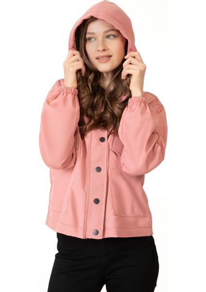 Spor Kadın Su Yeşili Su Geçirmez ve Rüzgara Dayanıklı Kapüşonlu Cepli Çıt Çıtlı Mevsimlik Yağmurluk