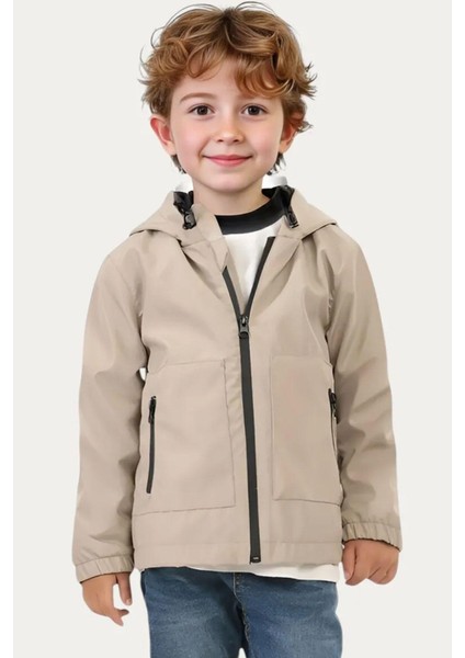 Erkek Çocuk Astarlı Su ve Rüzgar Geçirmez Kapüşonlu Çift Fermuarlı Cepli Yağmurluk