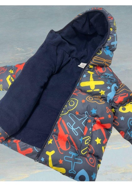 Erkek Çocuk Polarlı Kapüşonlu Helikopter Desenli Kışlık Şişme Mont & Kaban & Parka modelleri