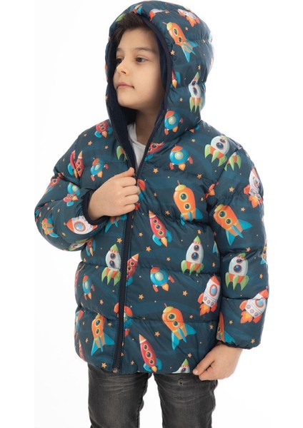Spor Erkek Çocuk Polarlı Kapüşonlu Roket Desenli Kışlık Şişme Mont & Kaban & Parka