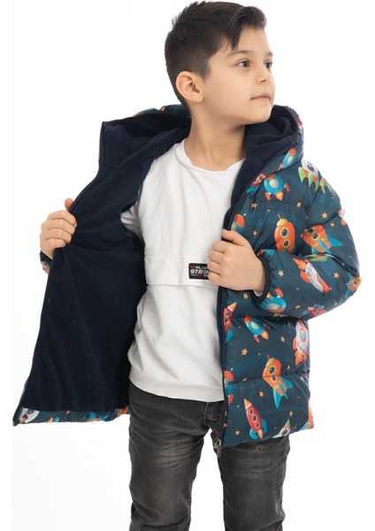 Spor Erkek Çocuk Polarlı Kapüşonlu Roket Desenli Kışlık Şişme Mont & Kaban & Parka modelleri