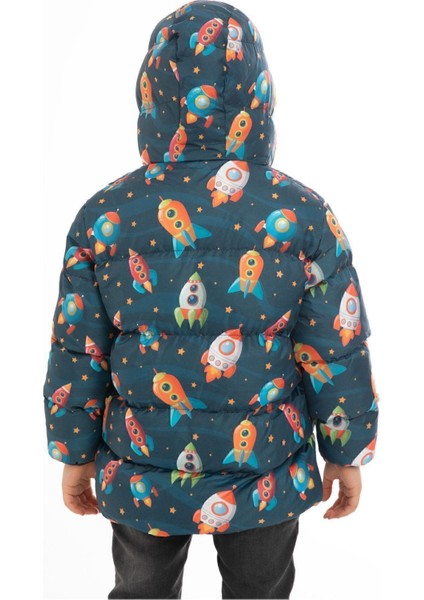 Spor Erkek Çocuk Polarlı Kapüşonlu Roket Desenli Kışlık Şişme Mont & Kaban & Parka fırsatları