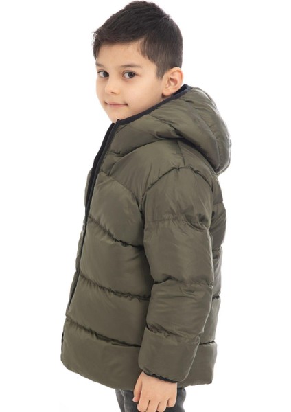 Spor Erkek Çocuk Polarlı Kürklü Kapüşonlu Su Geçirmez Rüzgara Dayanıklı Şişme Kışlık Mont