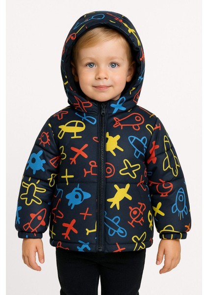 Erkek Çocuk Polarlı Kapüşonlu Helikopter Desenli Kışlık Şişme Mont & Kaban & Parka