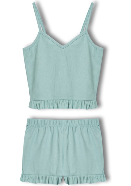 Pamuklu Iğne Çıkarmalı Ince Askılı Crop Atlet Paçası Fırfırlı Şort Kadın Pijama Takımı modelleri