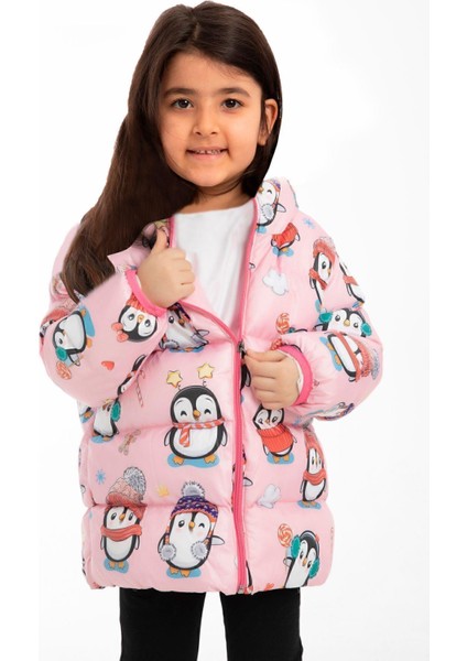 Kız Çocuk Polarlı Kapüşonlu Penguen Şeker Desenli Kışlık Şişme Mont & Kaban & Parka