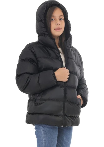 Spor Kız Çocuk Polarlı Kapüşonlu Su Geçirmez Rüzgara Dayanıklı Cepli Şişme Kışlık Mont