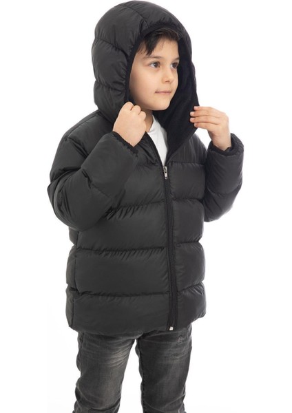 Spor Erkek Çocuk Polarlı Kürklü Kapüşonlu Su Geçirmez Rüzgara Dayanıklı Şişme Kışlık Mont