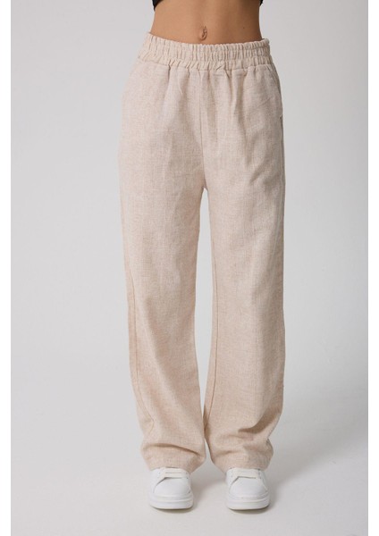 Kadın Yüksek Bellii Lastikli Çift Cepli Keten Pantolon fırsatları