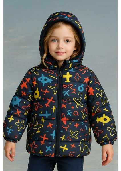Kız Çocuk Polarlı Kapüşonlu Helikopter Desenli Kışlık Şişme Mont & Kaban & Parka
