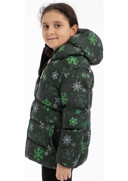 Spor Kız Çocuk Dijital Desen Polar Su ve Rüzgar Geçirmez Kapüşonlu Şişme Kışlık Mont