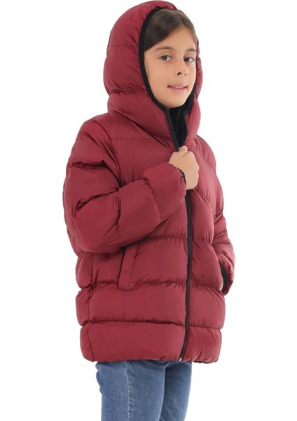 Spor Kız Çocuk Polarlı Kapüşonlu Su Geçirmez Rüzgara Dayanıklı Cepli Şişme Kışlık Mont