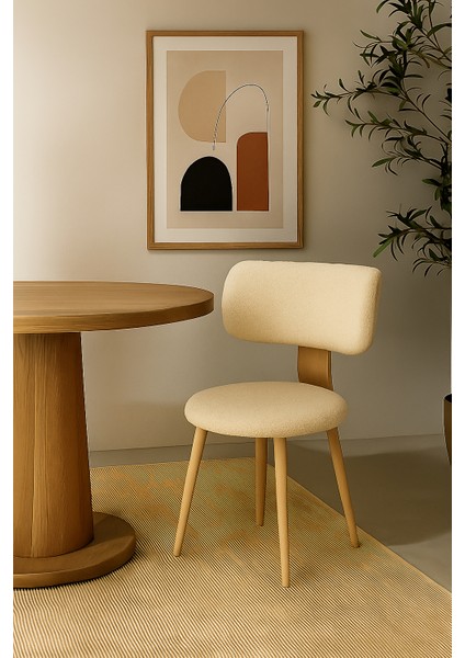 Modern Geniş Oturumlu Teddy Kumaşlı Sandalye, Ahşap Ayaklı Şık Salon Mutfak Balkon Sandalyesi