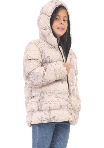 Spor Kız Çocuk Pusula Desen Polar Su ve Rüzgar Geçirmez Kapüşonlu Cepli Şişme Kışlık Mont