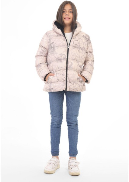Spor Kız Çocuk Pusula Desen Polar Su ve Rüzgar Geçirmez Kapüşonlu Cepli Şişme Kışlık Mont fiyatları