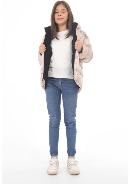 Spor Kız Çocuk Pusula Desen Polar Su ve Rüzgar Geçirmez Kapüşonlu Cepli Şişme Kışlık Mont modelleri