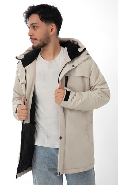 Spor Erkek Polarlı Kürklü Su ve Rüzgar Geçirmez Kapüşonlu Kışlık Mont & Kaban & Parka