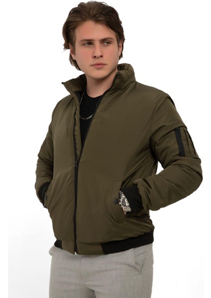 Erkek Astarlı Dik Yaka Mevsimlik Cepli Su ve Rüzgar Geçirmez Mont