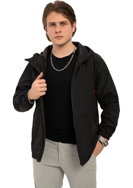 Erkek Astarlı Kanguru Cepli Su ve Rüzgar Geçirmez Kapüşonlu Cepli Yağmurluk