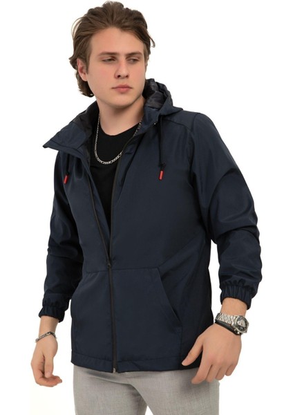 Erkek Astarlı Kanguru Cepli Su ve Rüzgar Geçirmez Kapüşonlu Cepli Yağmurluk