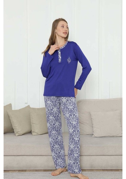 Kadın Saks Mavi 3 Düğmeli Etnik Desen Likralı Viskon Uzun Kol Pijama Takımı