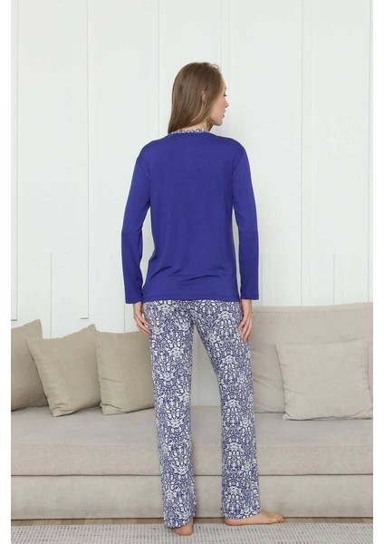Kadın Saks Mavi 3 Düğmeli Etnik Desen Likralı Viskon Uzun Kol Pijama Takımı modelleri