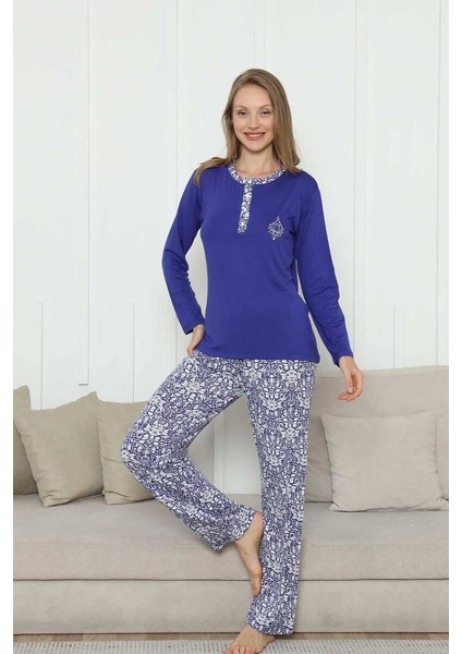 Kadın Saks Mavi 3 Düğmeli Etnik Desen Likralı Viskon Uzun Kol Pijama Takımı fırsatları