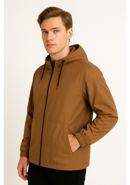 Spor Erkek Astarlı Kanguru Cepli Su ve Rüzgar Geçirmez Kapüşonlu Cepli Yağmurluk