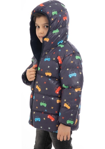 Spor Erkek Çocuk Polarlı Kapüşonlu Araba Yıldız Ay Desenli Kışlık Şişme Mont & Kaban & Parka