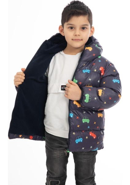 Spor Erkek Çocuk Polarlı Kapüşonlu Araba Yıldız Ay Desenli Kışlık Şişme Mont & Kaban & Parka modelleri