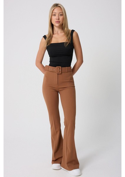 Kadın Kemerli Yüksek Belli Ispanyol Paça Pantolon