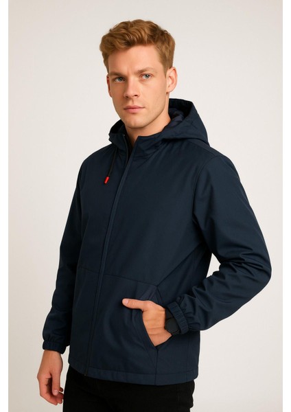 Spor Erkek Astarlı Kanguru Cepli Su ve Rüzgar Geçirmez Kapüşonlu Cepli Yağmurluk
