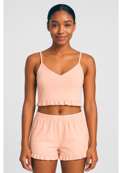 Pamuklu Iğne Çıkarmalı Ince Askılı Crop Atlet Paçası Fırfırlı Şort Kadın Pijama Takımı