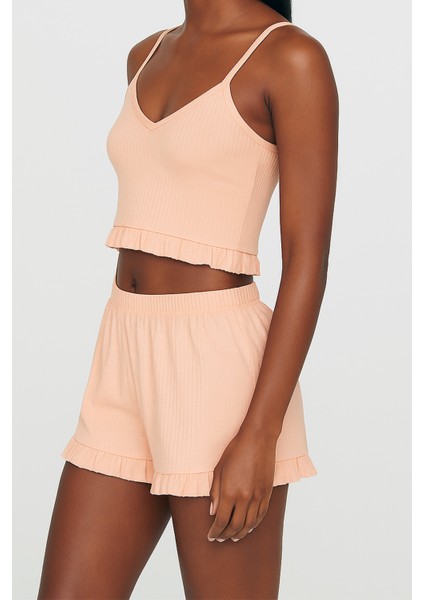 Pamuklu Iğne Çıkarmalı Ince Askılı Crop Atlet Paçası Fırfırlı Şort Kadın Pijama Takımı modelleri