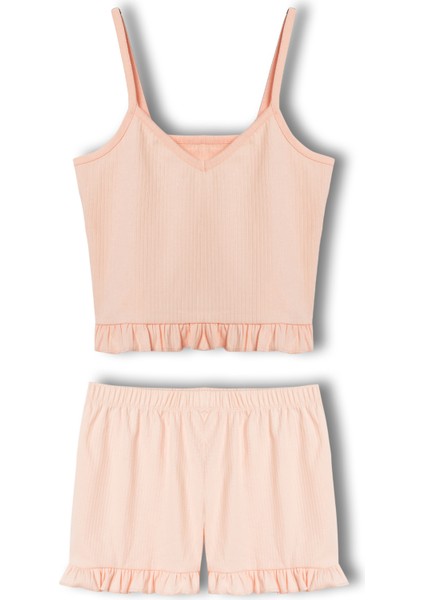 Pamuklu Iğne Çıkarmalı Ince Askılı Crop Atlet Paçası Fırfırlı Şort Kadın Pijama Takımı fırsatları