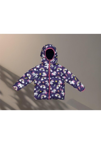 Kız Çocuk Polarlı Kapüşonlu Unıcorn Desenli Kışlık Şişme Mont & Kaban & Parka