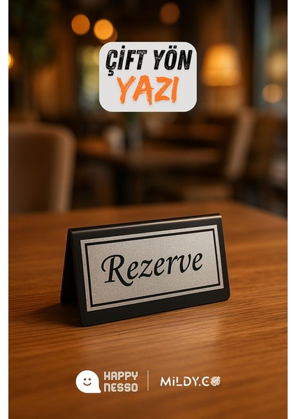 Masa Yazısı Serisinden Siyah Pleksi Üstü Çift Yön Silver Metal "rezerve" Yazısı - 100 mm x 50 mm