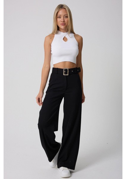 Kadın Kemerli Yüksek Belli Ispanyol Paça Pantolon